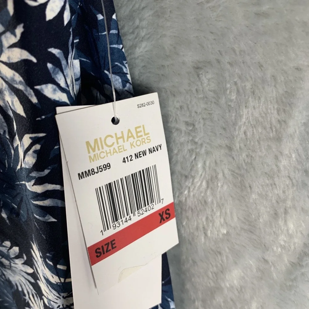 Michael Kors Womens Tankini Swim Top XS Navy Printed Blouson High Neck Chain NWT